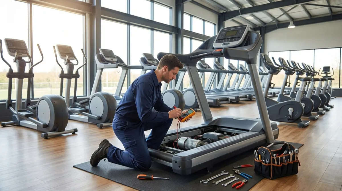 Professional fitness equipment repair technician servicing a treadmill